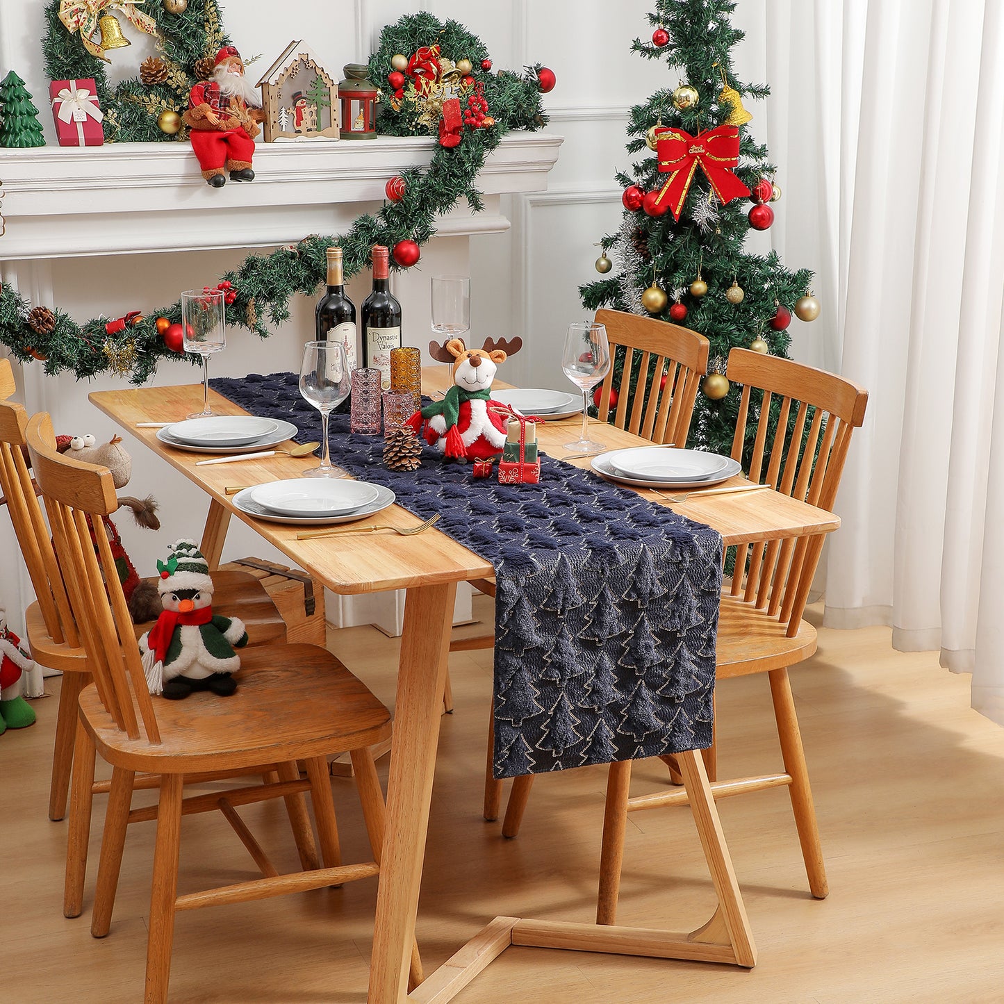 Christmas Tree Table Runner Winter Holiday Fur Decor for Kitchen Party Wedding Dining Table