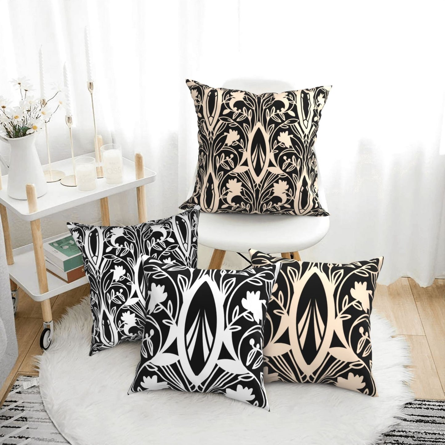 HOSTECCO Black and White Throw Pillow Covers 18x18 inch Set of 4 Floral Damask Pillow Cases Geometric Flower Decorative Cushion Covers for Sofa Couch