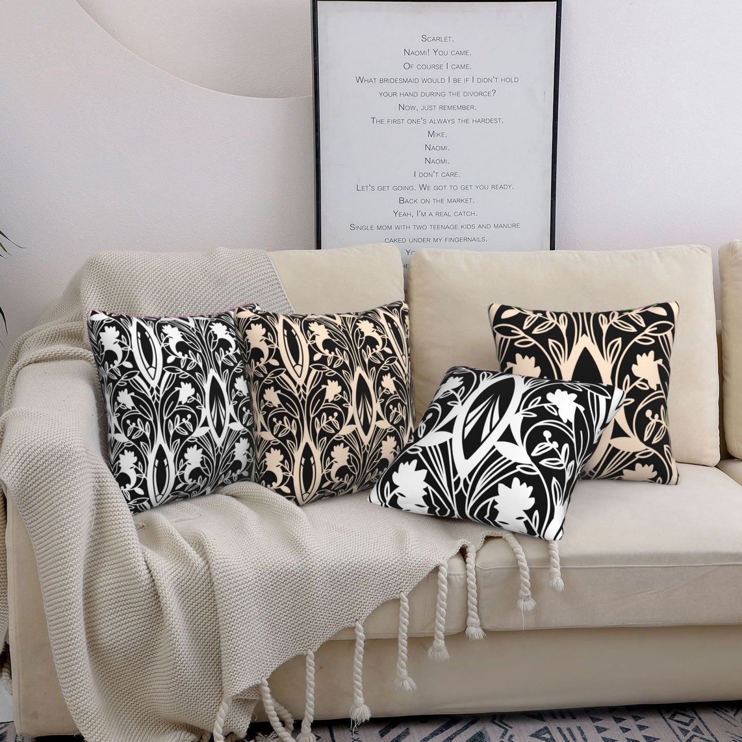 HOSTECCO Black and White Throw Pillow Covers 18x18 inch Set of 4 Floral Damask Pillow Cases Geometric Flower Decorative Cushion Covers for Sofa Couch