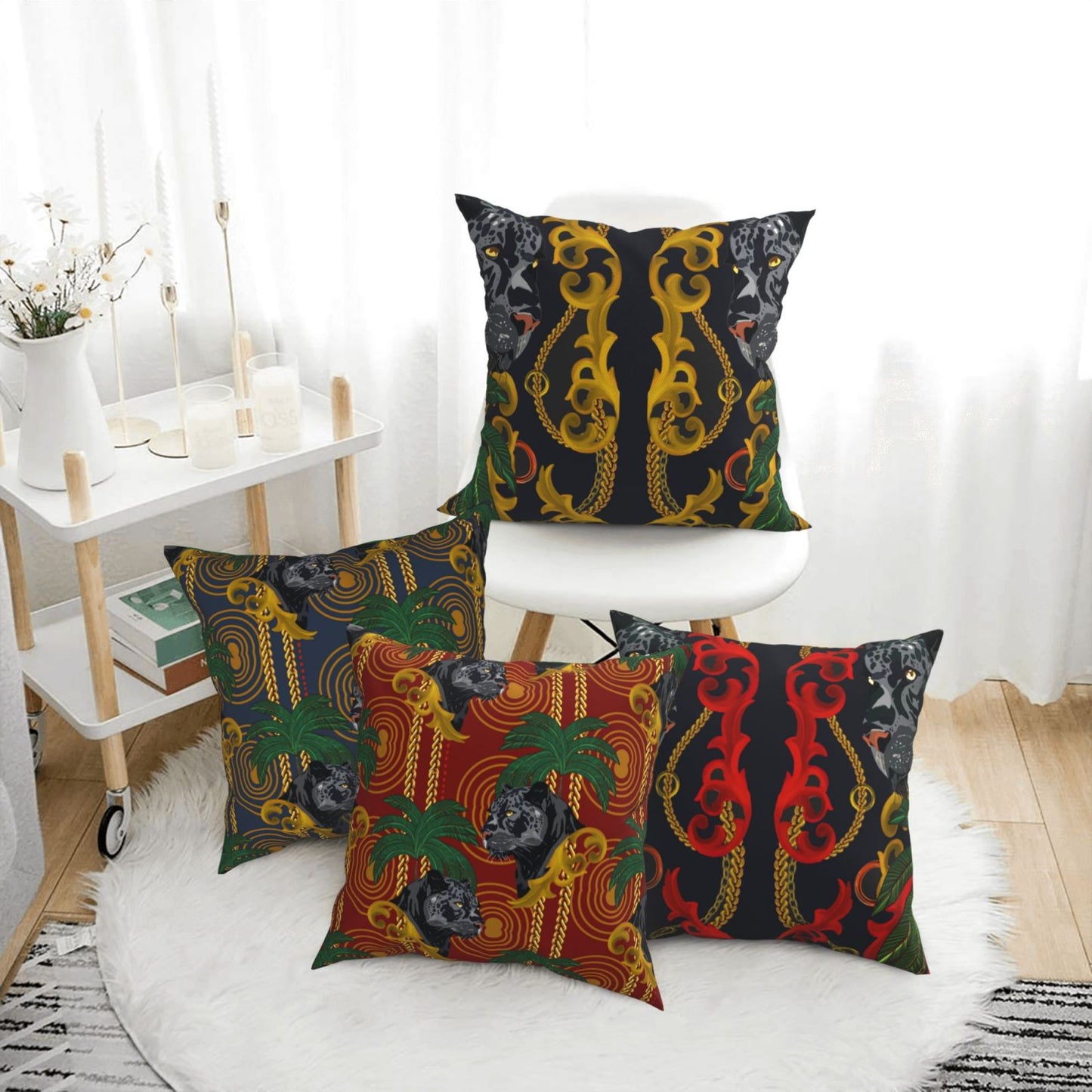 HOSTECCO Animal Throw Pillow Covers 18x18 inch Set of 4 Regal Panther Pillow Cases Black Gold Decorative Cushion Covers for Sofa Couch