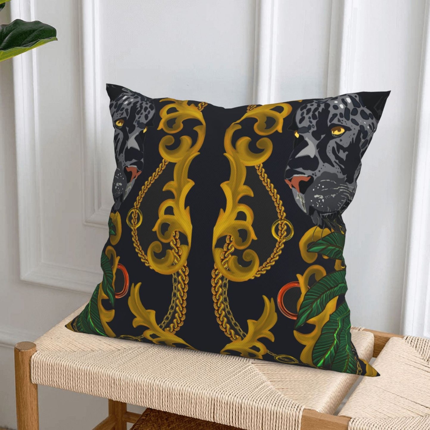 HOSTECCO Animal Throw Pillow Covers 18x18 inch Set of 4 Regal Panther Pillow Cases Black Gold Decorative Cushion Covers for Sofa Couch