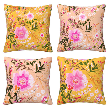 HOSTECCO Floral Cushion Covers 45x45 cm Set of 4 Pink and Yellow Cushion Cases Bloom Flower Decorative Pillow Covers for Sofa Couch