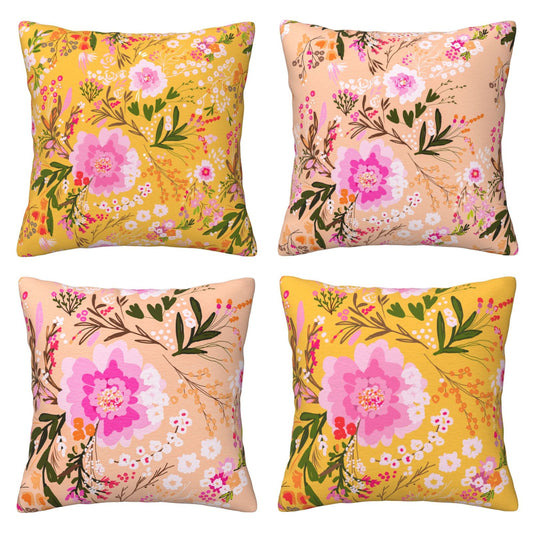 HOSTECCO Floral Cushion Covers 45x45 cm Set of 4 Pink and Yellow Cushion Cases Bloom Flower Decorative Pillow Covers for Sofa Couch