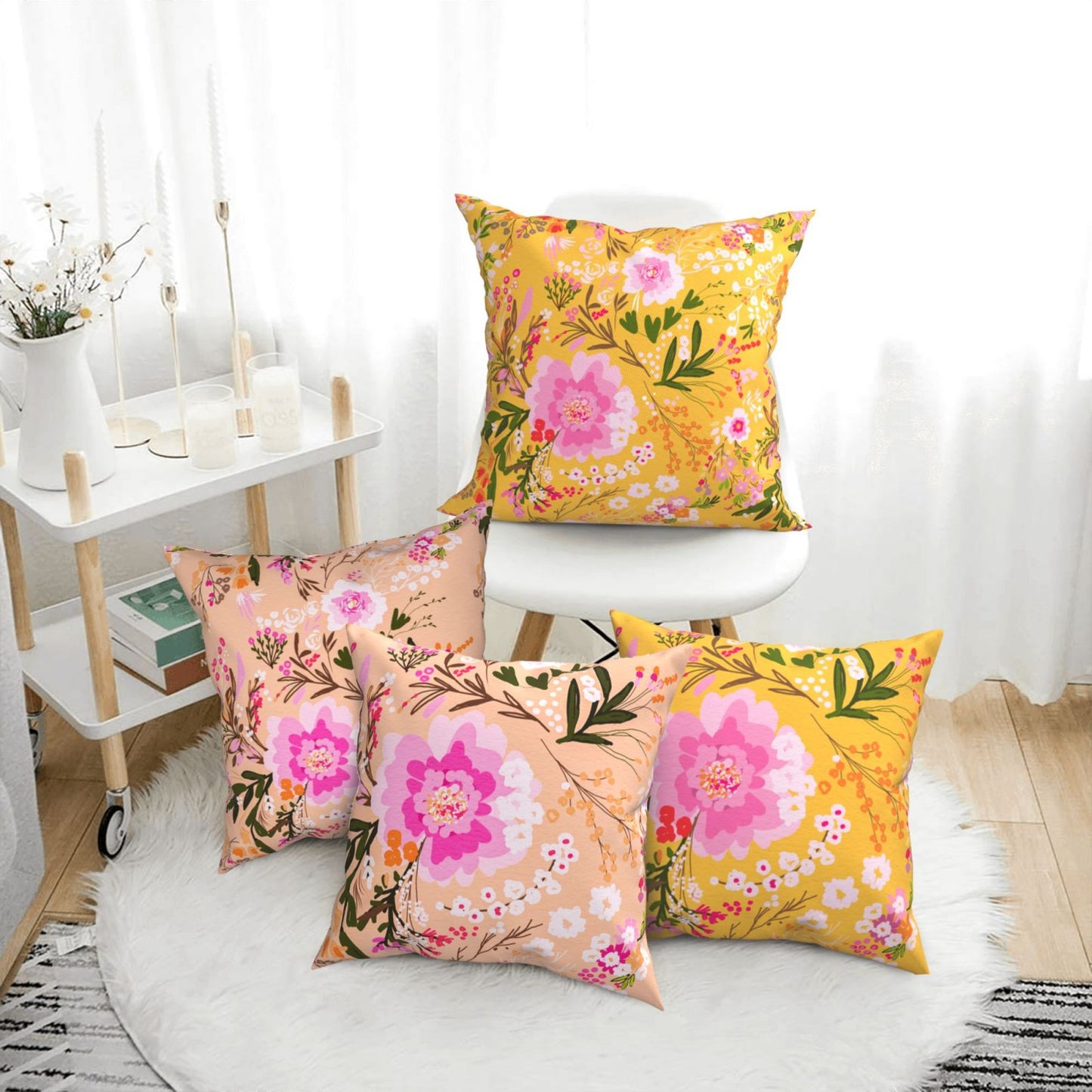 HOSTECCO Floral Cushion Covers 45x45 cm Set of 4 Pink and Yellow Cushion Cases Bloom Flower Decorative Pillow Covers for Sofa Couch