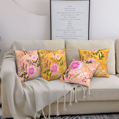 HOSTECCO Floral Cushion Covers 45x45 cm Set of 4 Pink and Yellow Cushion Cases Bloom Flower Decorative Pillow Covers for Sofa Couch