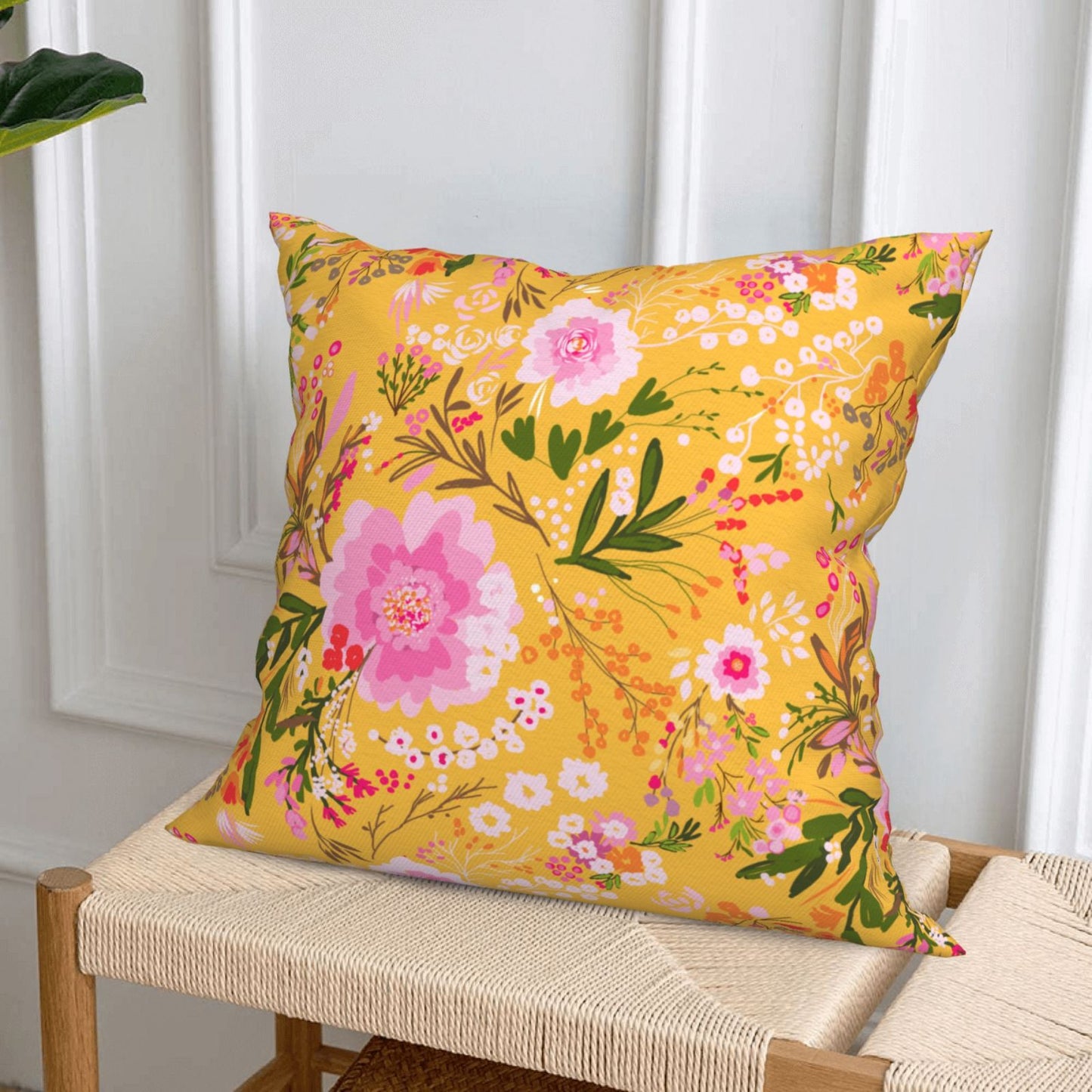 HOSTECCO Floral Cushion Covers 45x45 cm Set of 4 Pink and Yellow Cushion Cases Bloom Flower Decorative Pillow Covers for Sofa Couch