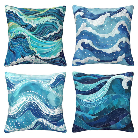 HOSTECCO Waves Throw Pillow Covers 18x18 inch Set of 4 Blue Ocean Pillow Cases Abstract Art Decorative Cushion Covers for Sofa Couch