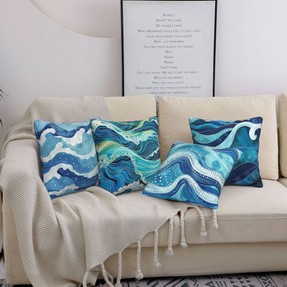 HOSTECCO Waves Throw Pillow Covers 18x18 inch Set of 4 Blue Ocean Pillow Cases Abstract Art Decorative Cushion Covers for Sofa Couch