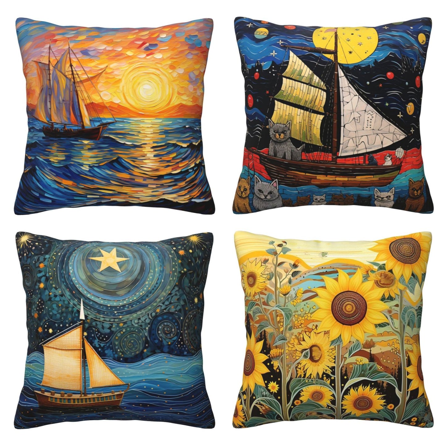 HOSTECCO Nautical Throw Pillow Covers 18x18 inch Set of 4 Sun and Moon Abstract Pillow Cases Sunflowers Decorative Cushion Covers for Sofa Couch