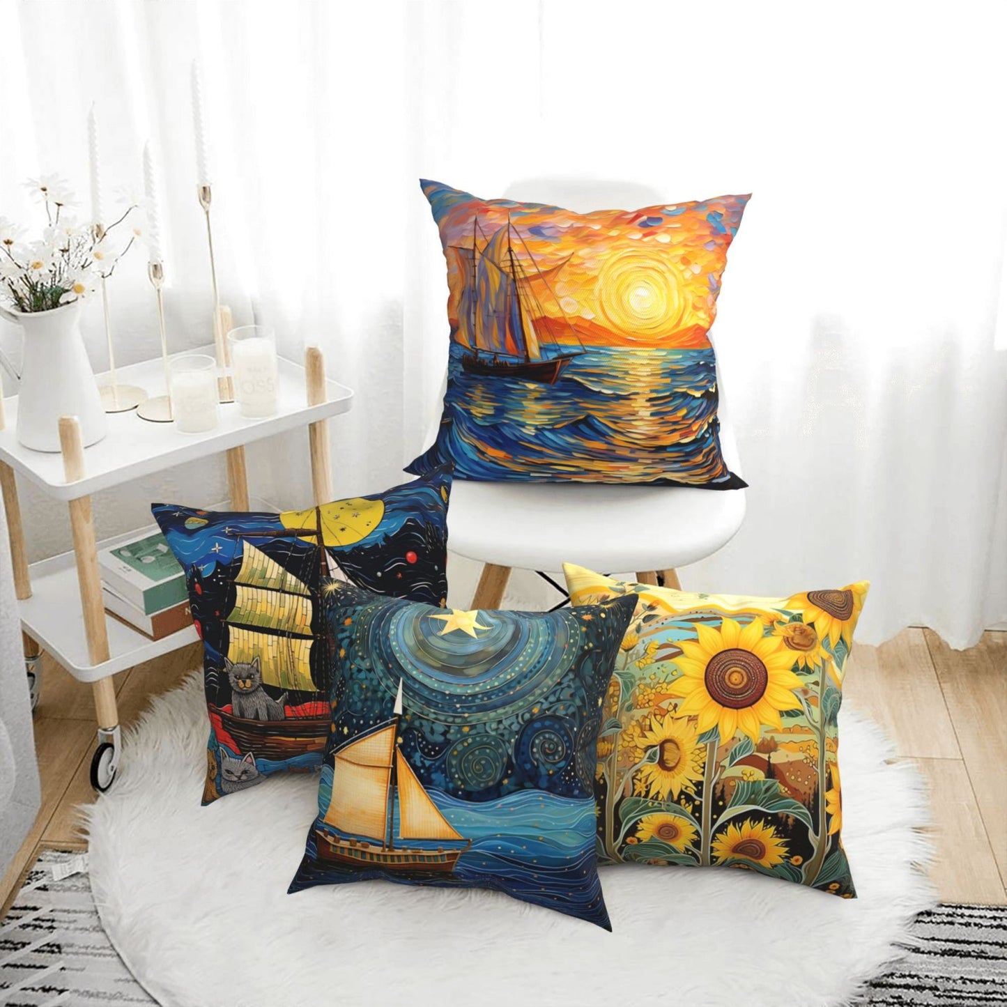 HOSTECCO Nautical Throw Pillow Covers 18x18 inch Set of 4 Sun and Moon Abstract Pillow Cases Sunflowers Decorative Cushion Covers for Sofa Couch