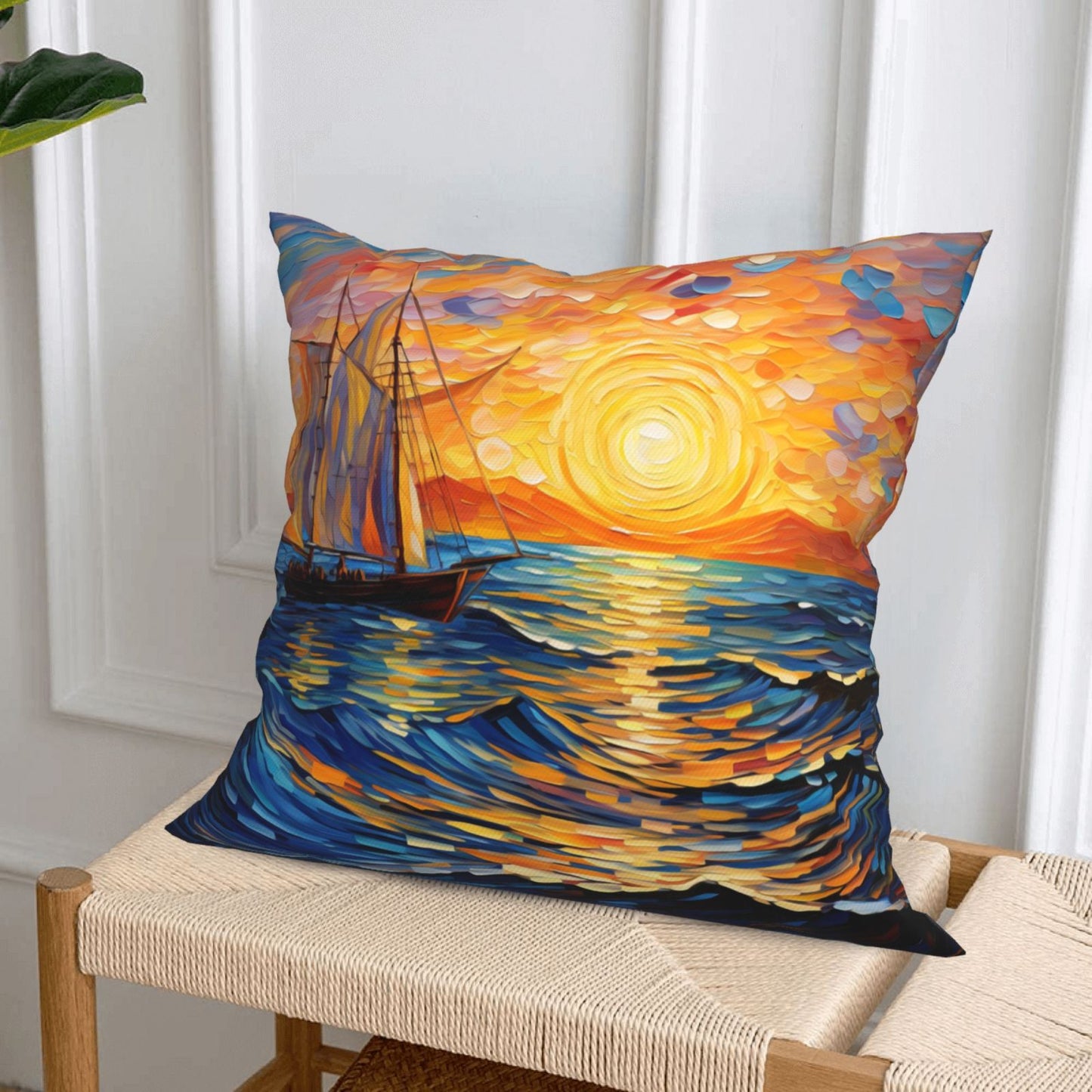 HOSTECCO Nautical Throw Pillow Covers 18x18 inch Set of 4 Sun and Moon Abstract Pillow Cases Sunflowers Decorative Cushion Covers for Sofa Couch