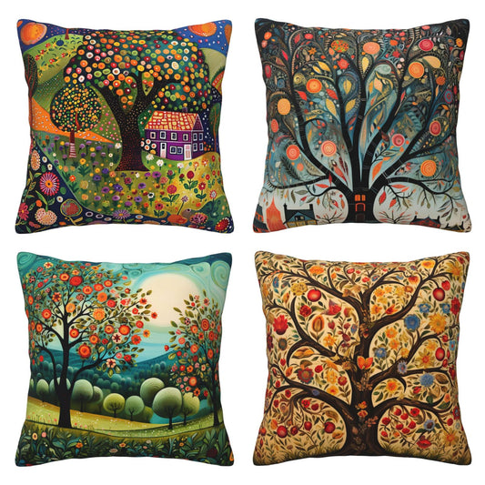 HOSTECCO Colorful Floral Cushion Covers 45x45 cm Set of 4 Abstract Tree Cushion Cases Vintage Flowers Art Decorative Pillow Covers for Sofa Couch