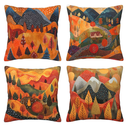 HOSTECCO Mountain Throw Pillow Covers 18x18 inch Set of 4 Polka Dot Pillow Cases Orange Landscape Decorative Cushion Covers for Sofa Couch