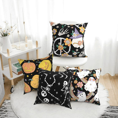 HOSTECCO Groovy Halloween Throw Pillow Covers 18x18 inch Set of 4 Pumpkin Ghost Skeleton Pillow Cases Retro Hippie Decorative Cushion Covers for Sofa Couch