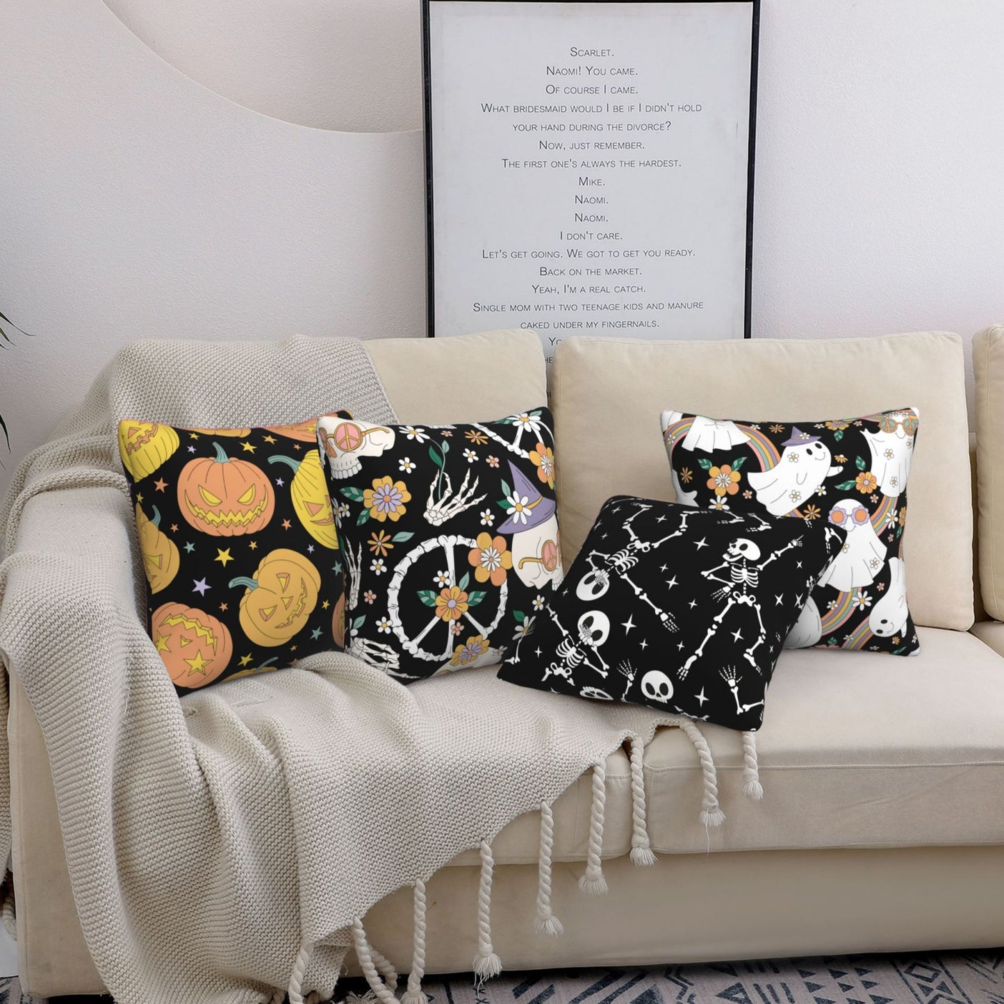 HOSTECCO Groovy Halloween Throw Pillow Covers 18x18 inch Set of 4 Pumpkin Ghost Skeleton Pillow Cases Retro Hippie Decorative Cushion Covers for Sofa Couch