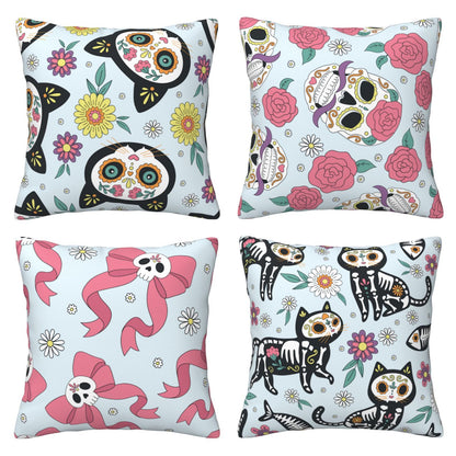 HOSTECCO Mexican Throw Pillow Covers 18x18 inch Set of 4 Halloween Skeleton Floral Pillow Cases Day of The Dead Decorative Cushion Covers for Sofa Couch