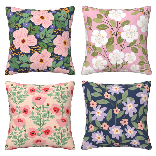 HOSTECCO Floral Throw Pillow Covers 18x18 inch Set of 4 Pink Color Flower Pillow Cases Summer Colorful Decorative Cushion Covers for Sofa Couch