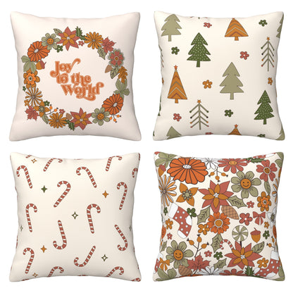 HOSTECCO Neutral Christmas Throw Pillow Covers 18x18 inch Set of 4 Winter Holiday Pillow Cases Retro Floral Xmas Tree Decorative Cushion Cases for Sofa Living Room