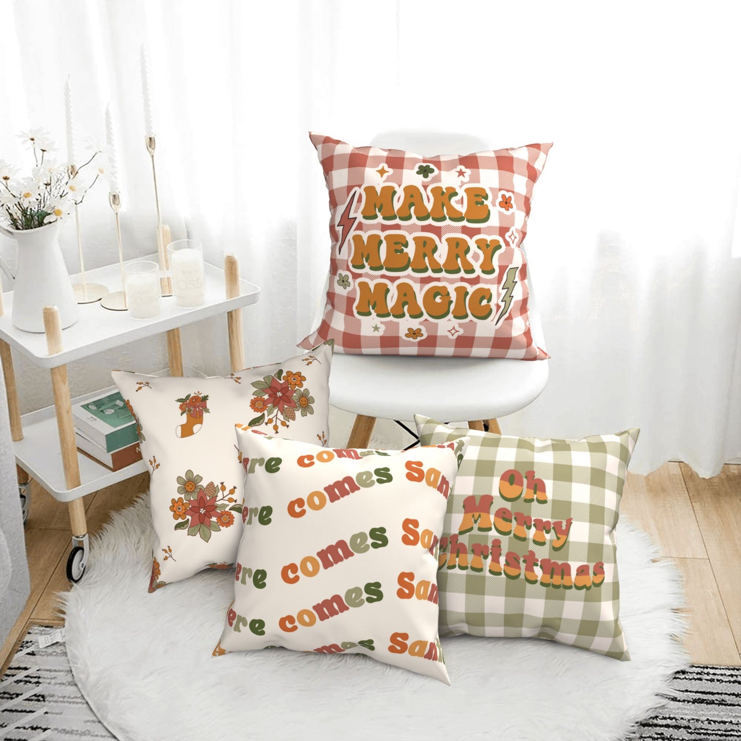 HOSTECCO Plaid Christmas Throw Pillow Covers 18x18 inch Set of 4 Neutral Winter Holiday Pillow Cases Retro Floral Xmas Decorative Cushion Cases for Sofa Living Room