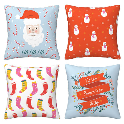 HOSTECCO Red Green Christmas Cushion Covers 45x45 cm Set of 4 Santa Winter Holiday Cushion Cases Retro Xmas Snowman Decorative Pillow Cases for Couch Living Room