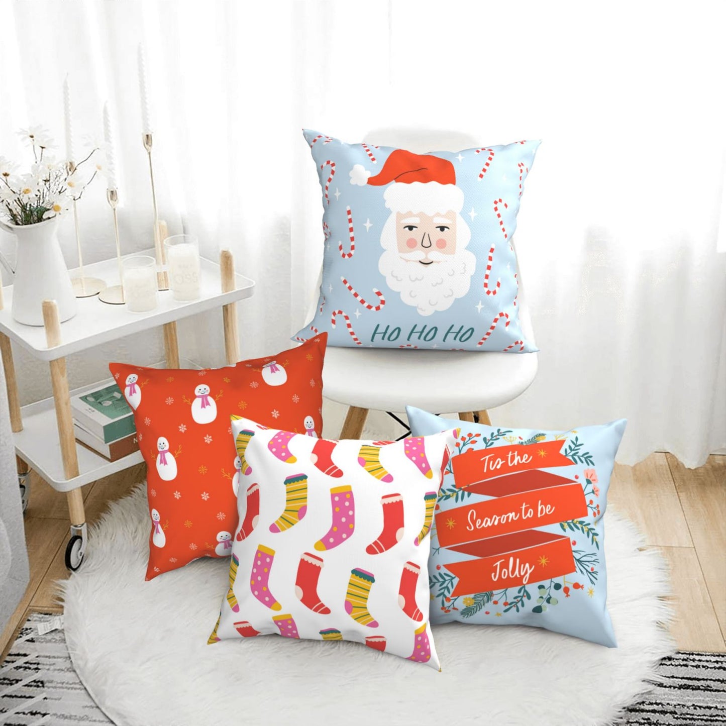 HOSTECCO Red Green Christmas Cushion Covers 45x45 cm Set of 4 Santa Winter Holiday Cushion Cases Retro Xmas Snowman Decorative Pillow Cases for Couch Living Room