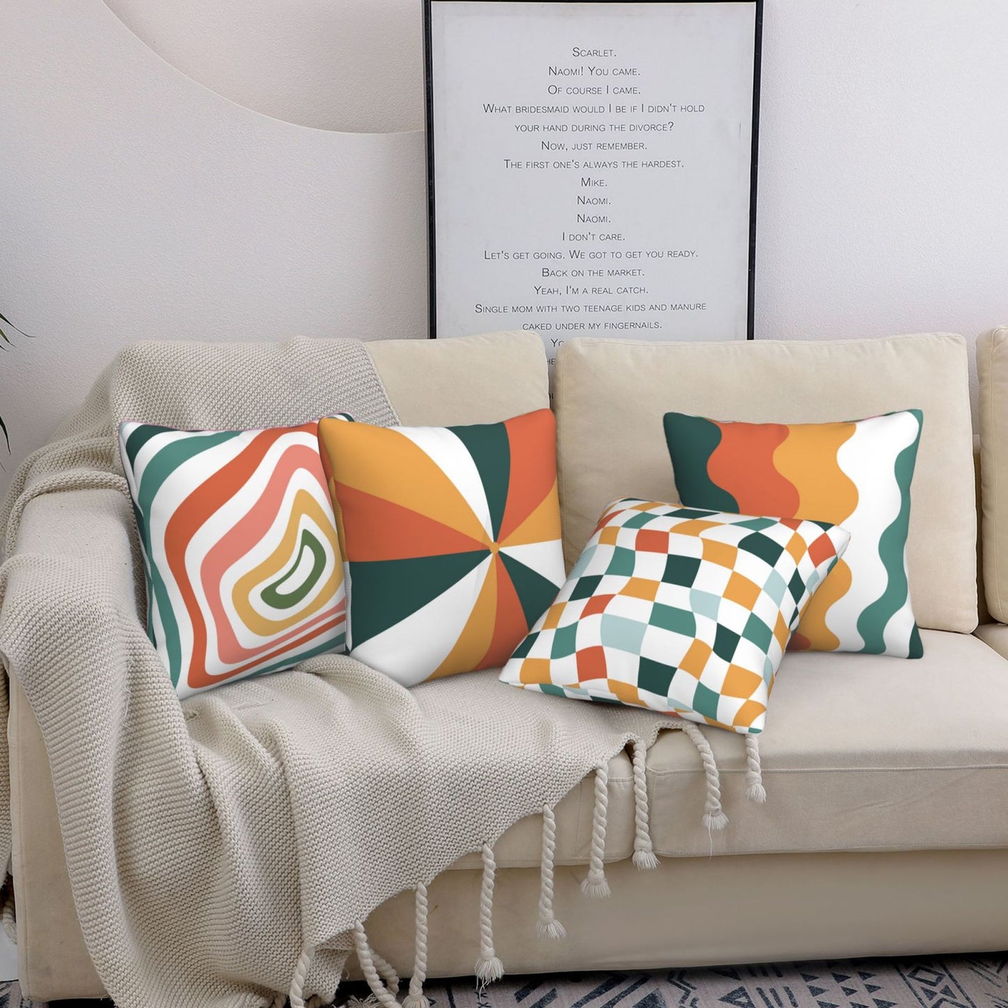 HOSTECCO Boho Abstract Throw Pillow Covers 18x18 inch Set of 4 Retro 70s Groovy Pillow Cases Geometric Swirls Decorative Cushion Cases for Sofa Living Room