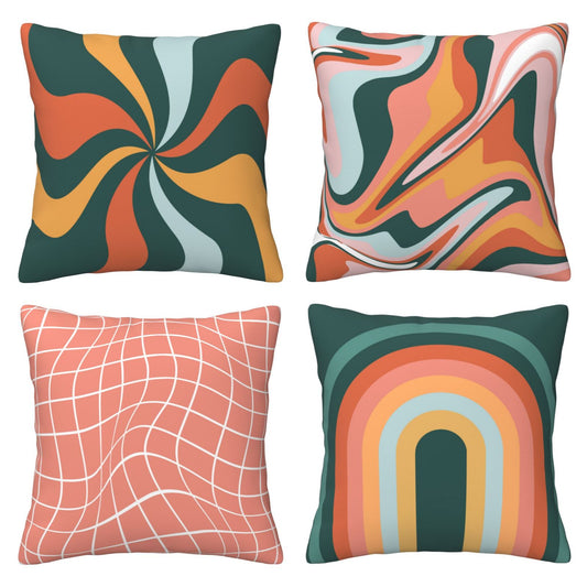 HOSTECCO Retro 70s Throw Pillow Covers 18x18 inch Set of 4 Abstract Groovy Pillow Cases Boho Colorful Hippie Decorative Cushion Cases for Sofa Living Room