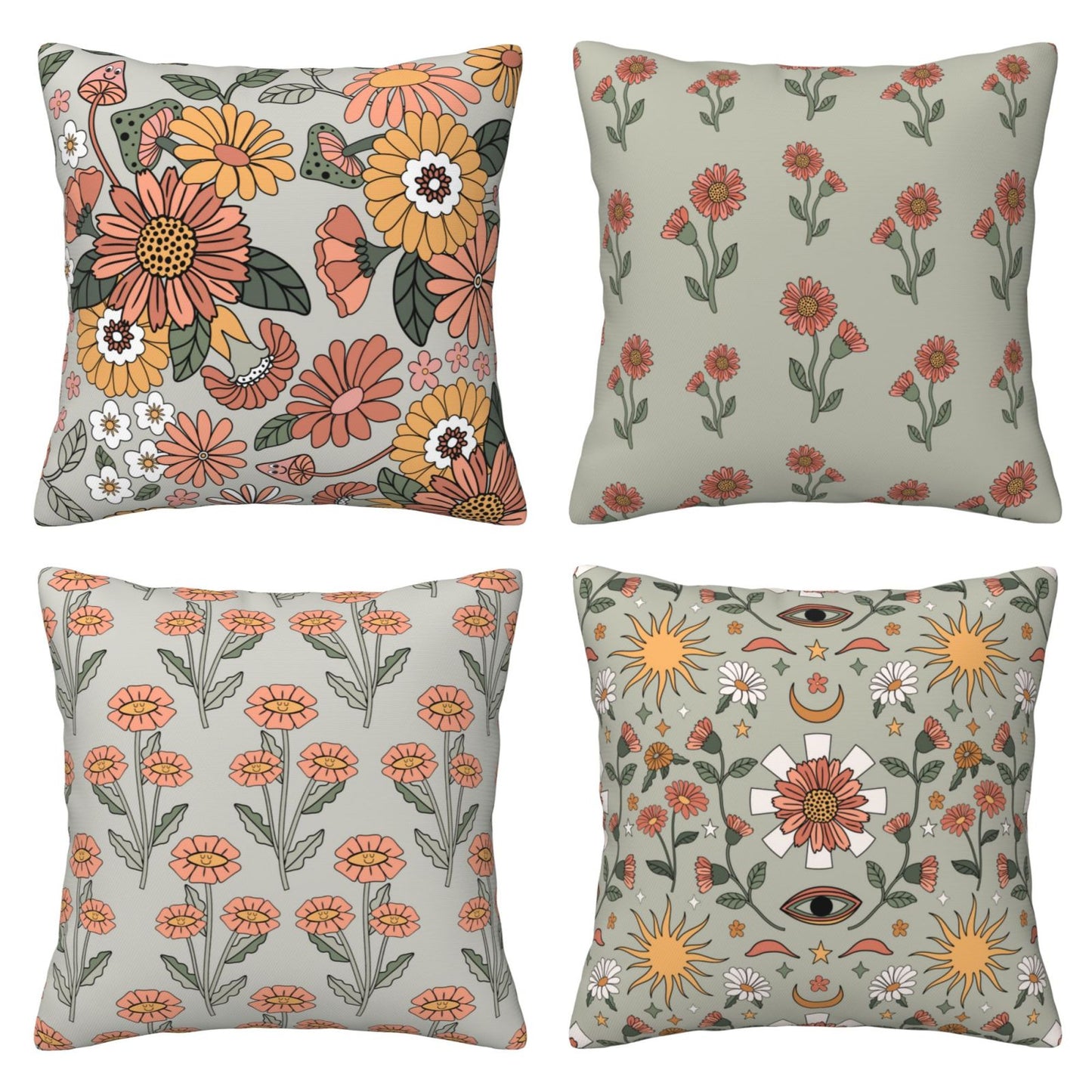 HOSTECCO Boho Floral Throw Pillow Covers 18x18 inch Set of 4 Flowers Mushroom Pillow Cases Retro 70s Sage Green Decorative Cushion Cases for Sofa Living Room