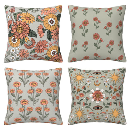 HOSTECCO Boho Floral Throw Pillow Covers 18x18 inch Set of 4 Flowers Mushroom Pillow Cases Retro 70s Sage Green Decorative Cushion Cases for Sofa Living Room