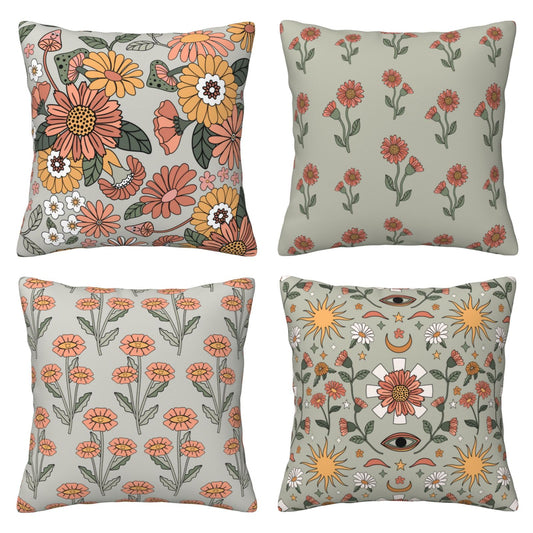 HOSTECCO Boho Floral Throw Pillow Covers 18x18 inch Set of 4 Flowers Mushroom Pillow Cases Retro 70s Sage Green Decorative Cushion Cases for Sofa Living Room