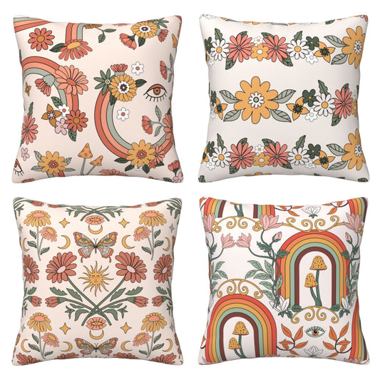 HOSTECCO Retro Boho Cushion Covers 45x45 cm Set of 4 Bohemian Floral Cushion Cases Rainbow Mushroom Decorative Pillow Cases for Sofa Living Room