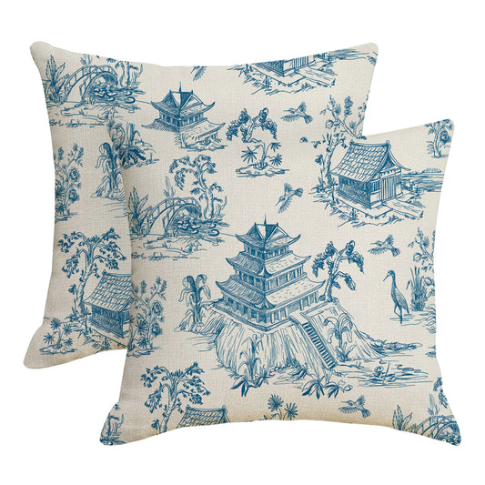 HOSTECCO Blue Toile Throw Pillow Covers 18x18 inch Set of 2 French Country Pillow Cases Bird Tree Chinoiserie Decorative Cushion Covers for Sofa Couch