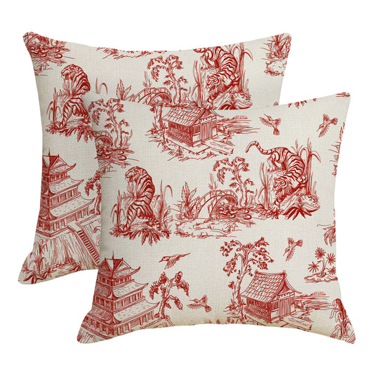 HOSTECCO Toile Throw Pillow Covers 18x18 inch Set of 2 French Country Pillow Cases Red Chinoiserie Scenic Decorative Cushion Covers for Sofa Couch