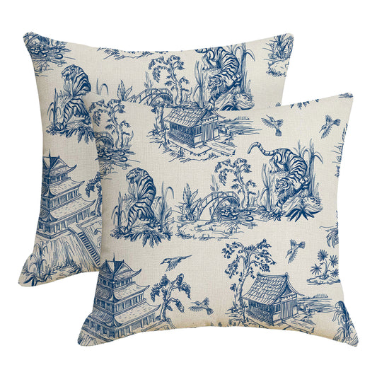 HOSTECCO French Country Throw Pillow Covers 18x18 inch Set of 2 Blue Toile Pillow Cases Vintage Chinoiserie Decorative Cushion Covers for Sofa Couch