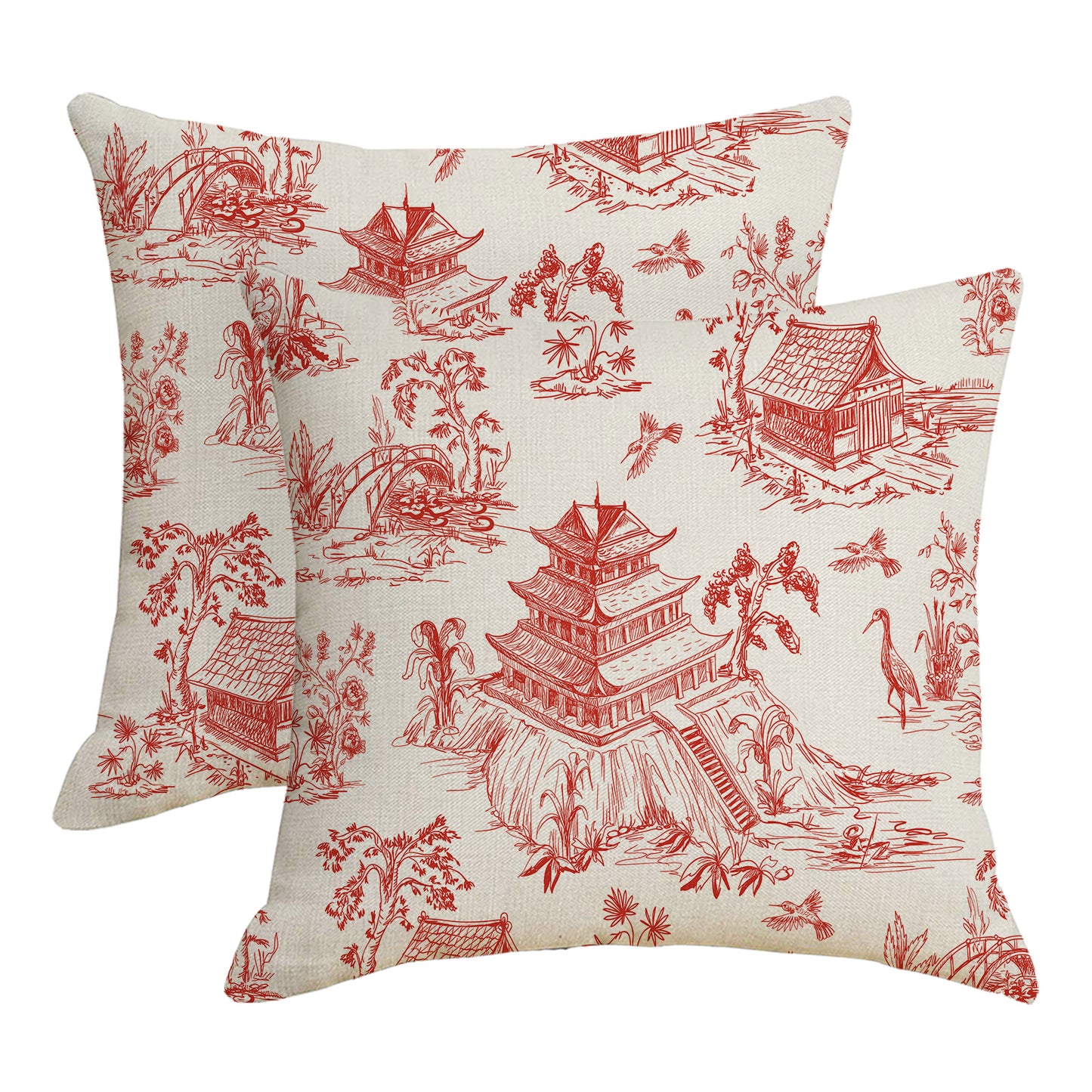 HOSTECCO French Country Throw Pillow Covers 18x18 inch Set of 2 Red Toile Pillow Cases Chinoiserie Scenic Decorative Cushion Covers for Sofa Couch