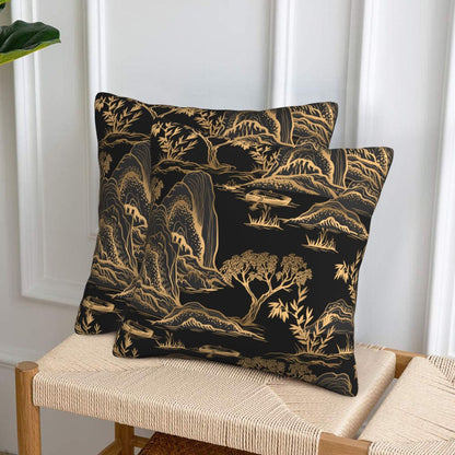 HOSTECCO Chinoiserie Throw Pillow Covers 18x18 inch Set of 2 Black and Gold Pillow Cases Mountain Scenic Decorative Cushion Covers for Sofa Couch