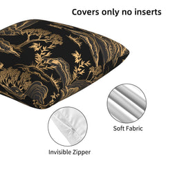 Hidden zipper and fabric close-up on velvet polyester pillow cover with gold mountain and pagoda landscape on black