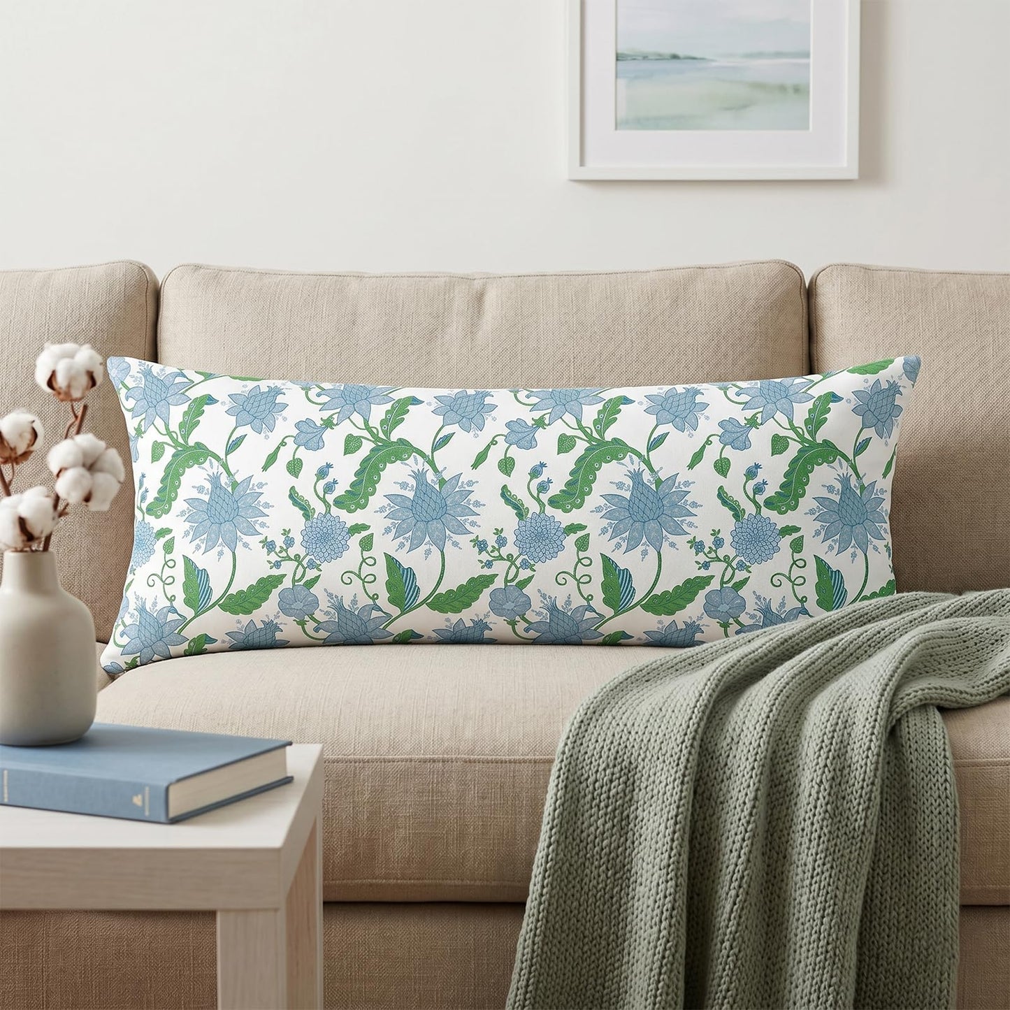 Block Print Floral Long Lumbar Pillow Covers, 14x36 Inch — Floral 1