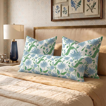 Block Print Floral Long Lumbar Pillow Covers, 14x36 Inch — Floral 1
