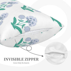 Hidden zipper detail on long lumbar pillow cover with lavender-blue small floral sprigs