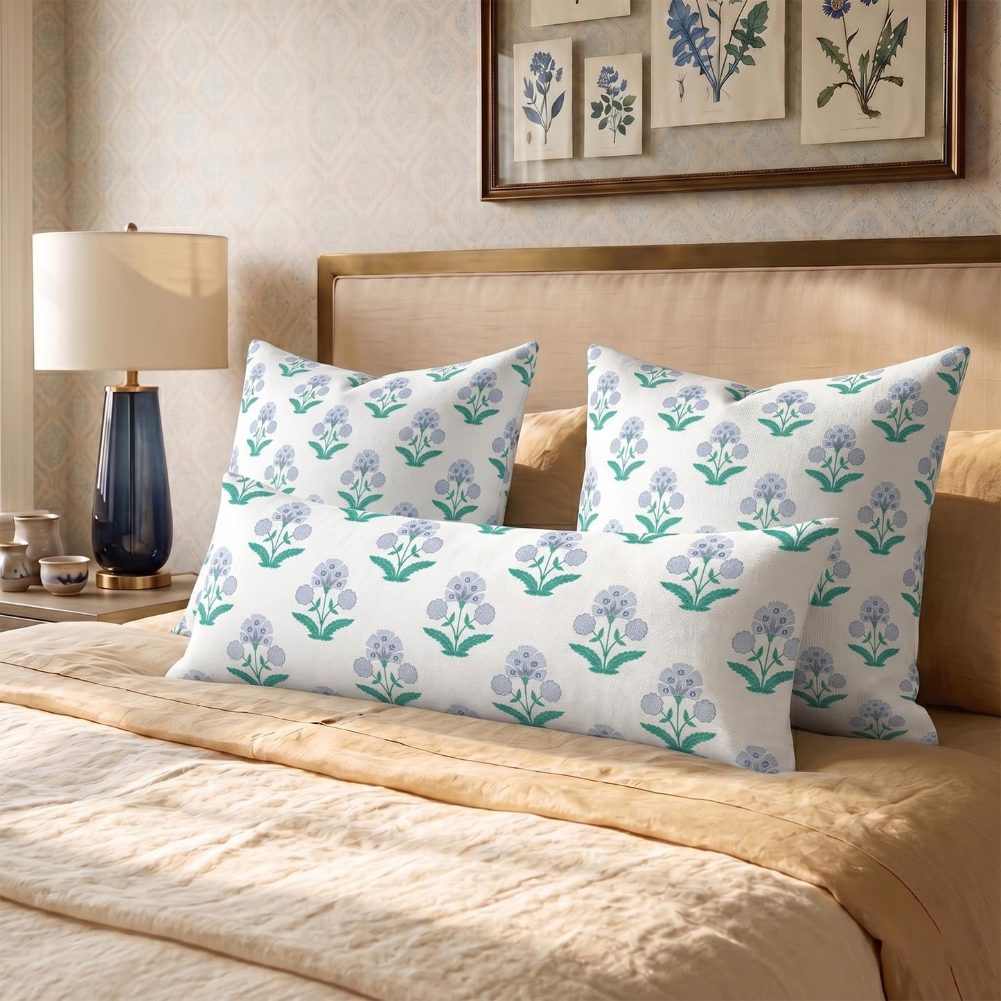 Block Print Floral Long Lumbar Pillow Covers, 14x36 Inch — Floral 10