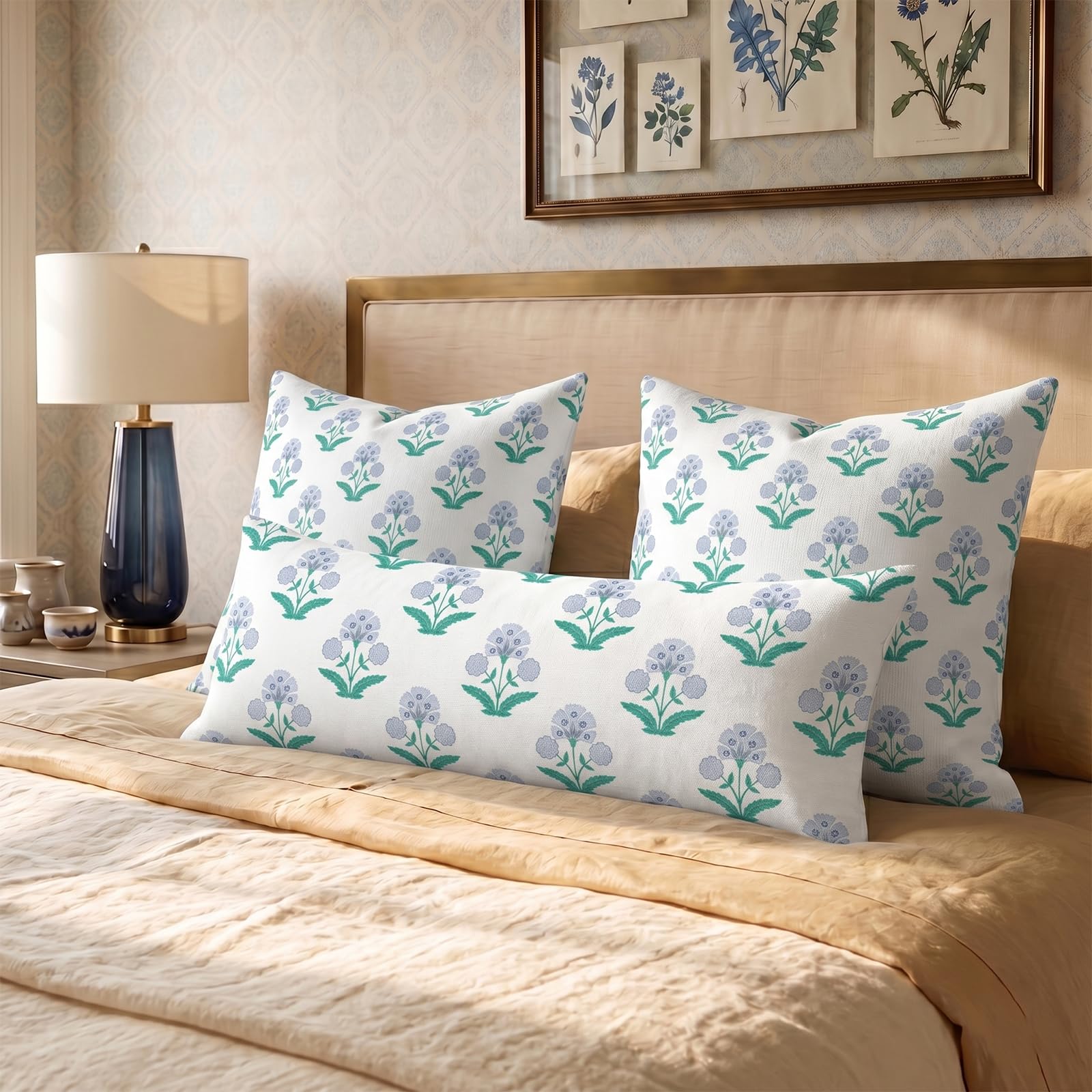 Block Print Floral Long Lumbar Pillow Covers, 14x36 Inch — Floral 10