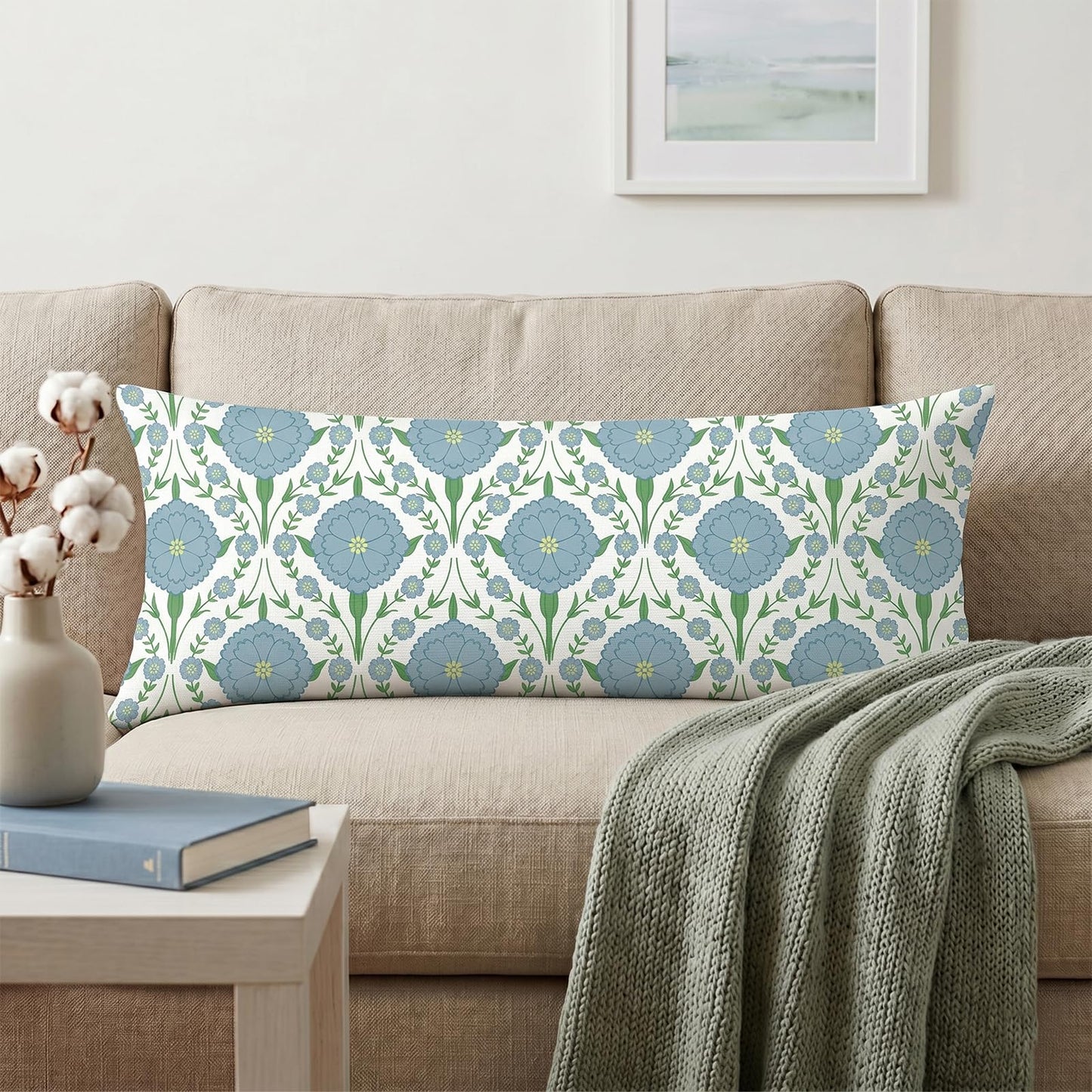 Block Print Floral Long Lumbar Pillow Covers, 14x36 Inch — Floral 2