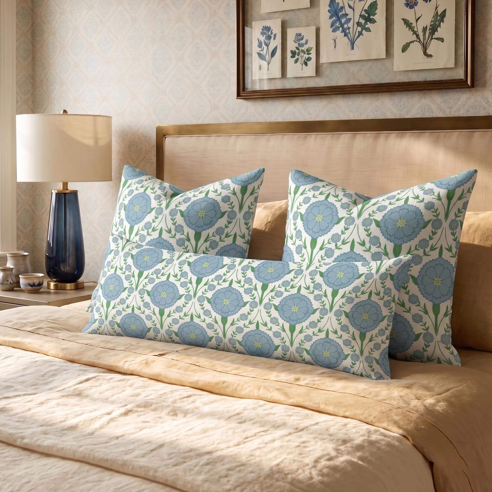 Block Print Floral Long Lumbar Pillow Covers, 14x36 Inch — Floral 2