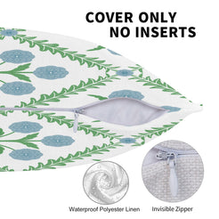 Water-resistant linen-look polyester option with blue floral lattice and diamond motifs, zipper and fabric features