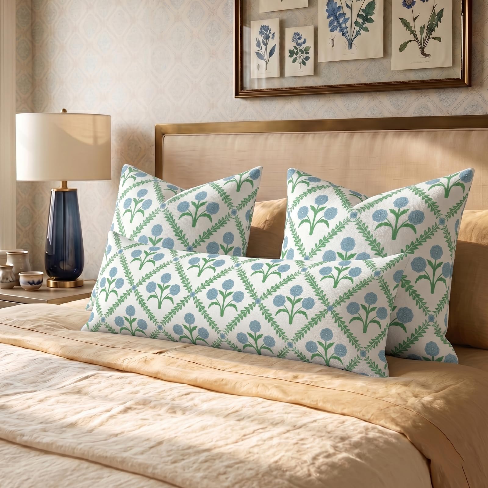 Block Print Floral Long Lumbar Pillow Covers, 14x36 Inch — Floral 4