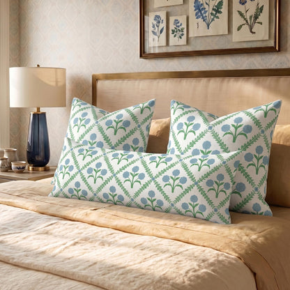 Block Print Floral Long Lumbar Pillow Covers, 14x36 Inch — Floral 4