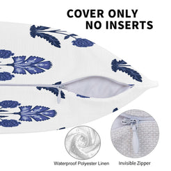 Water-resistant linen-look polyester option with navy block-print-inspired floral sprigs, zipper and fabric features