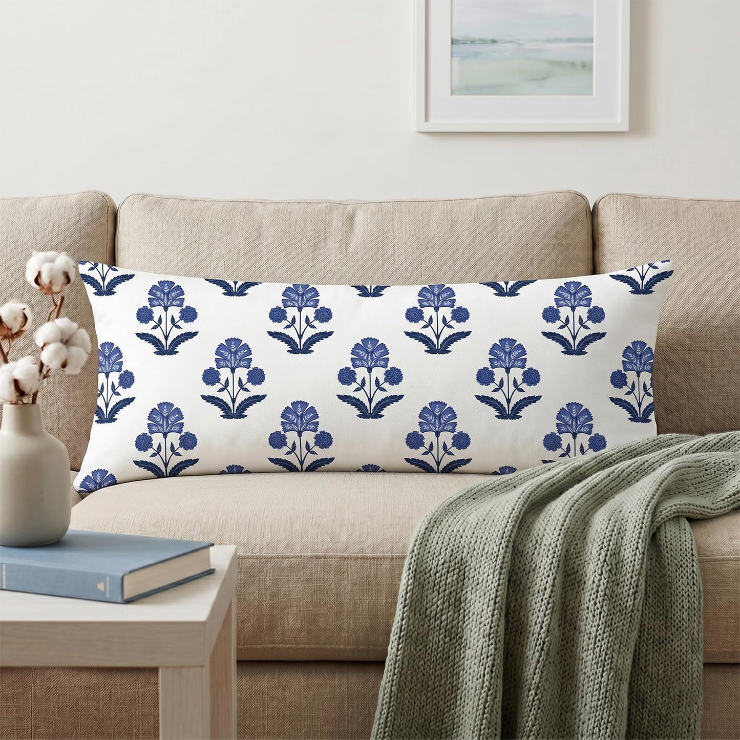 Block Print Floral Long Lumbar Pillow Covers, 14x36 Inch — Floral 5