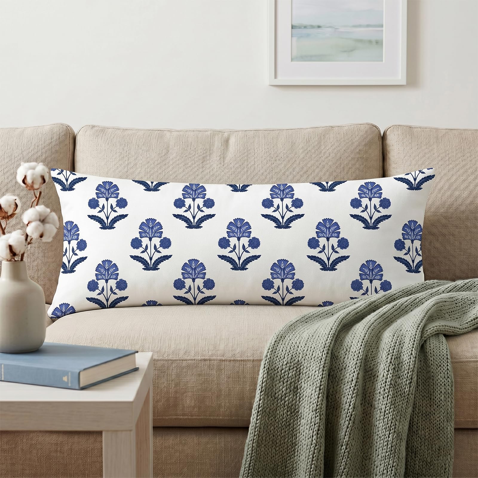 Block Print Floral Long Lumbar Pillow Covers, 14x36 Inch — Floral 5
